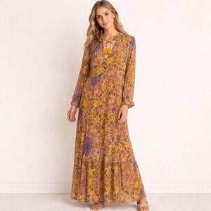 Anthropologie The Marais Printed Chiffon Maxi Floral Dress Long Sleeve Large